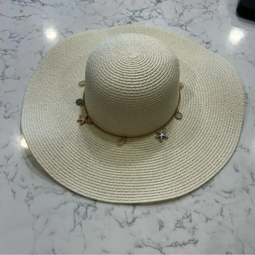 Light Beige Wide Brim 100% Grass Sunhat W/ Beach Necklace/Chain